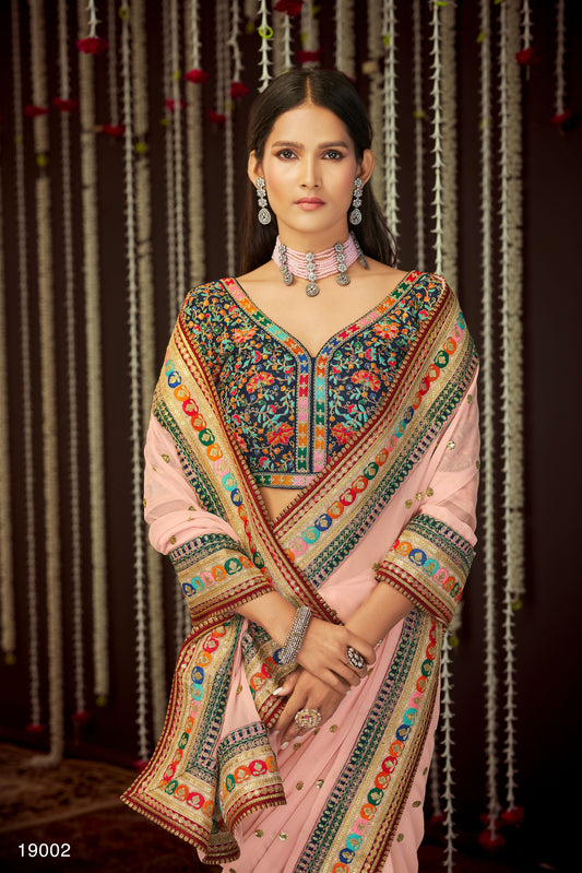 Baby Pink Color Zari Embroidery Georgette Saree for Engagement