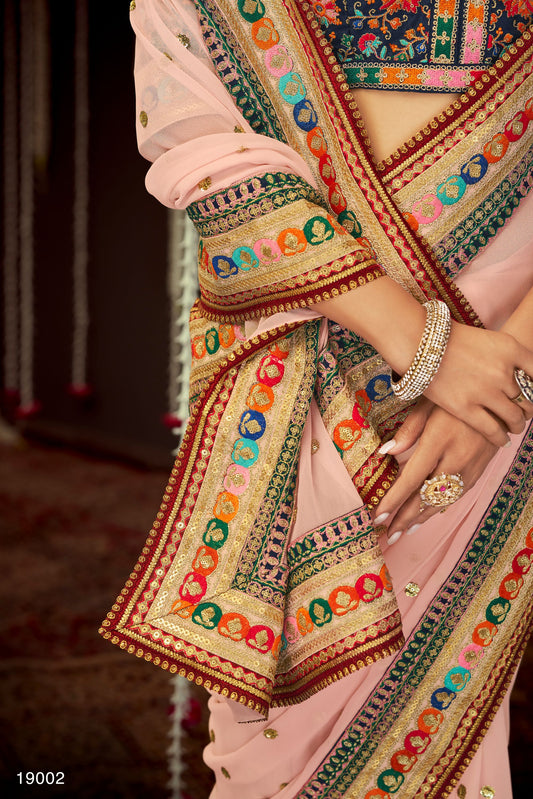 Baby Pink Color Zari Embroidery Georgette Saree for Engagement