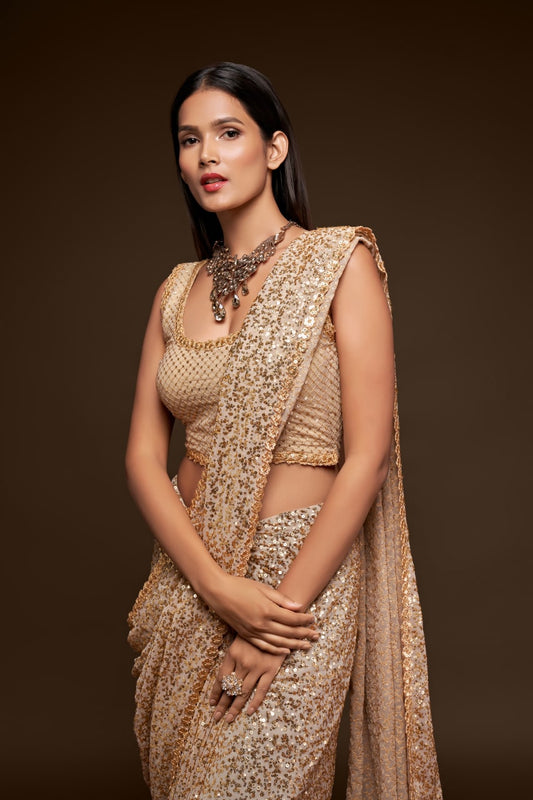 Beige Color Sequined Georgette Party Wear Saree