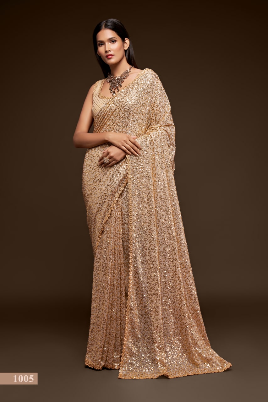 Beige Color Sequined Georgette Party Wear Saree