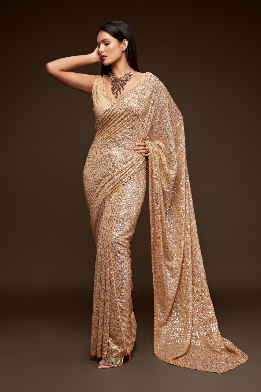 Beige Color Sequined Georgette Party Wear Saree