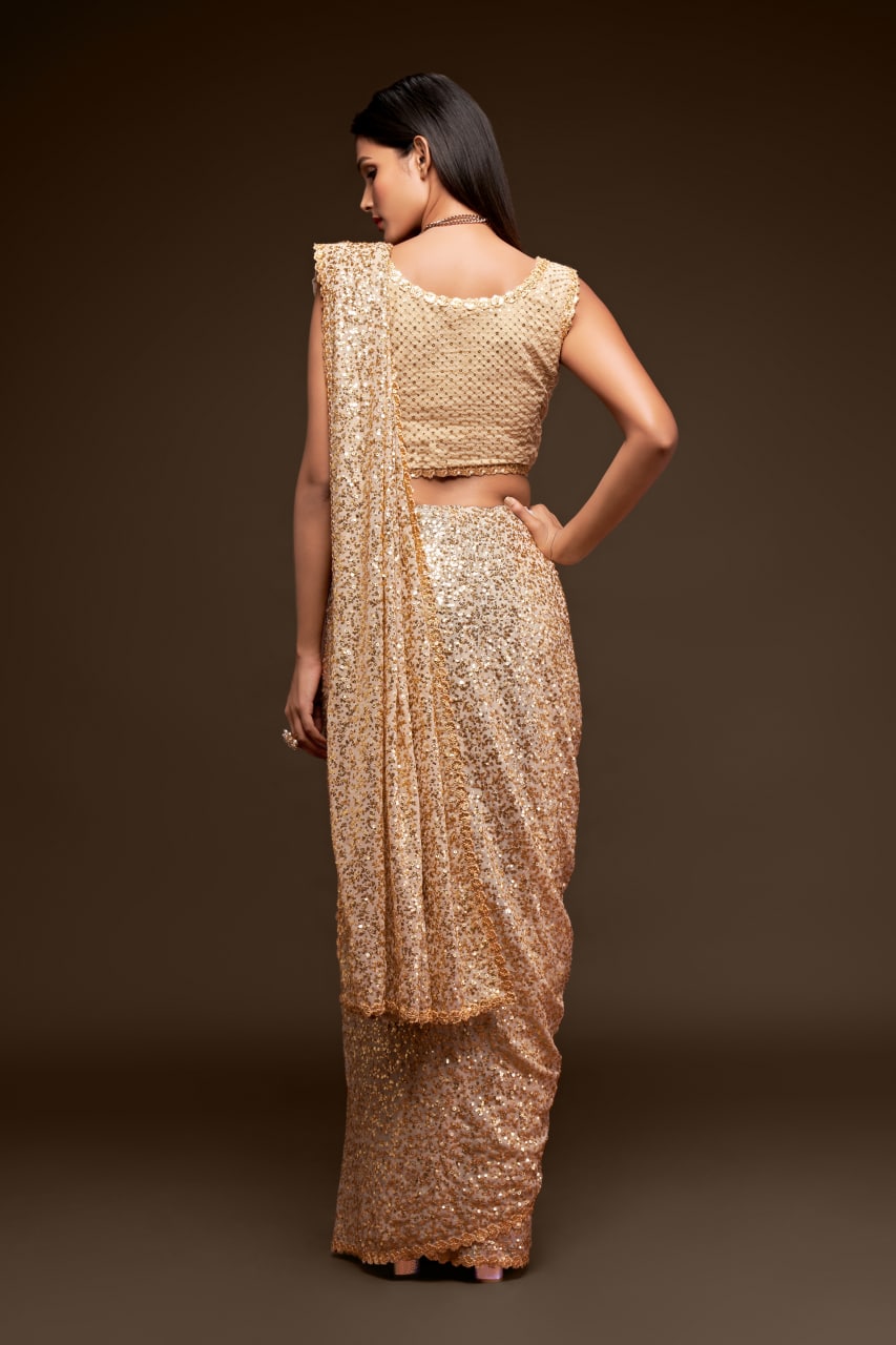 Beige Color Sequined Georgette Party Wear Saree