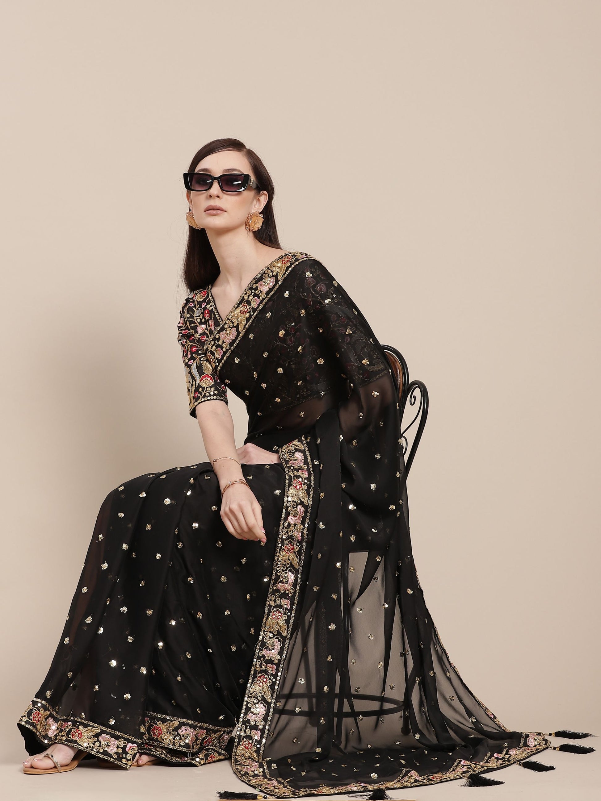 Black Sequins Embroidery Partywear Designer Silk Saree