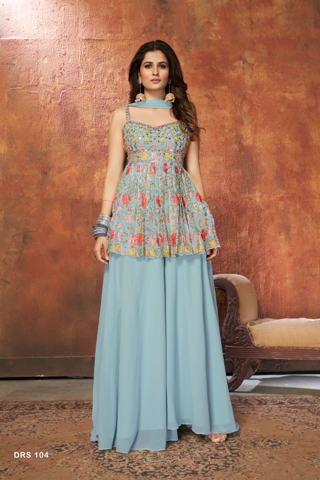 Light Blue Georgette Floral Embroidered Palazzo Suit