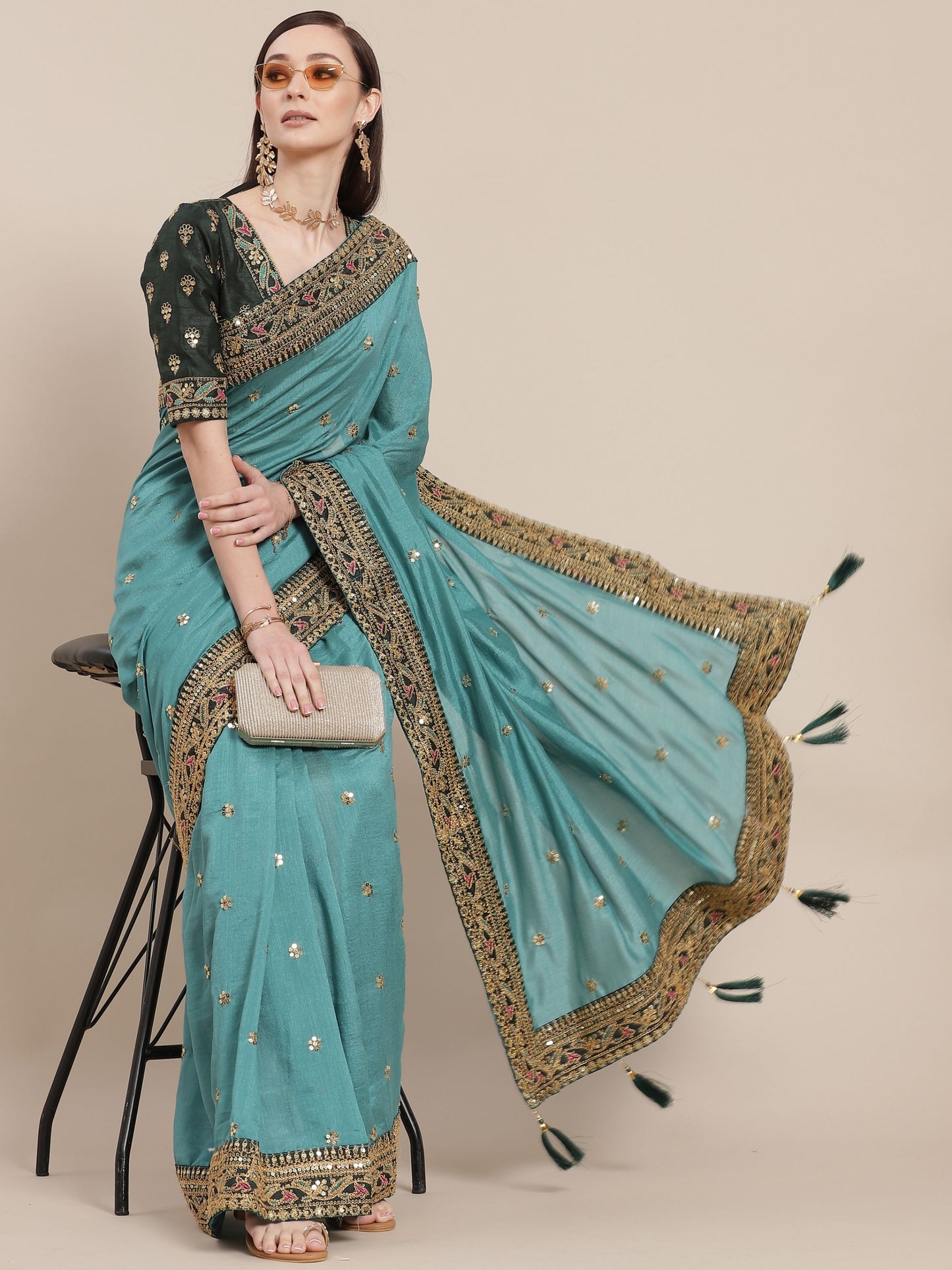 Blue Silk Partywear Sequins Work Saree for Sangeet