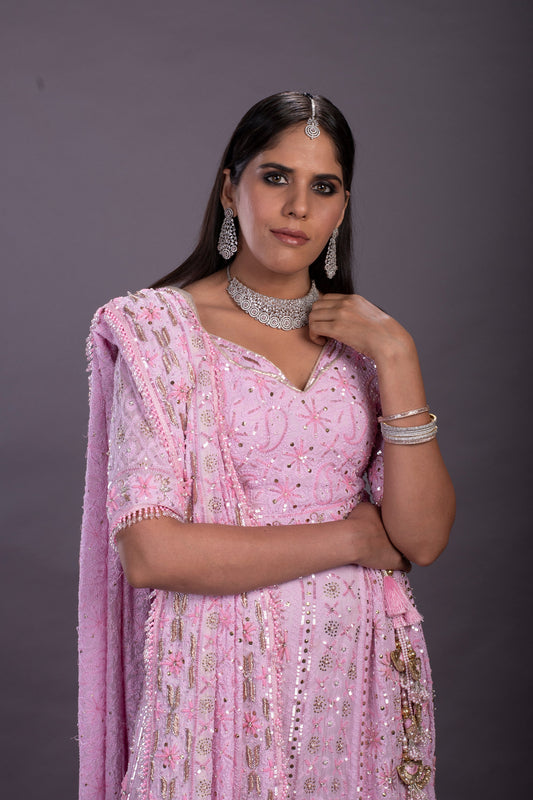 Pink Lehenga With Chikankari Embellished With Nakshi And Zardozi Work