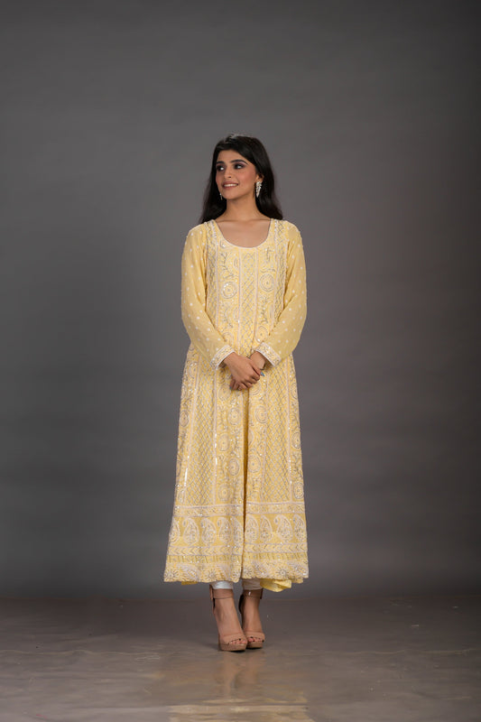 Yellow Anarkali with Silver Sequins, Bead Work