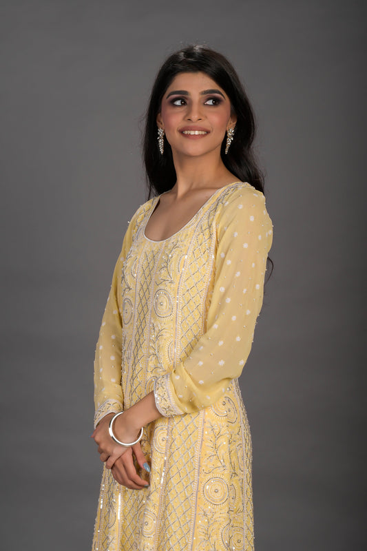 Yellow Anarkali with Silver Sequins, Bead Work