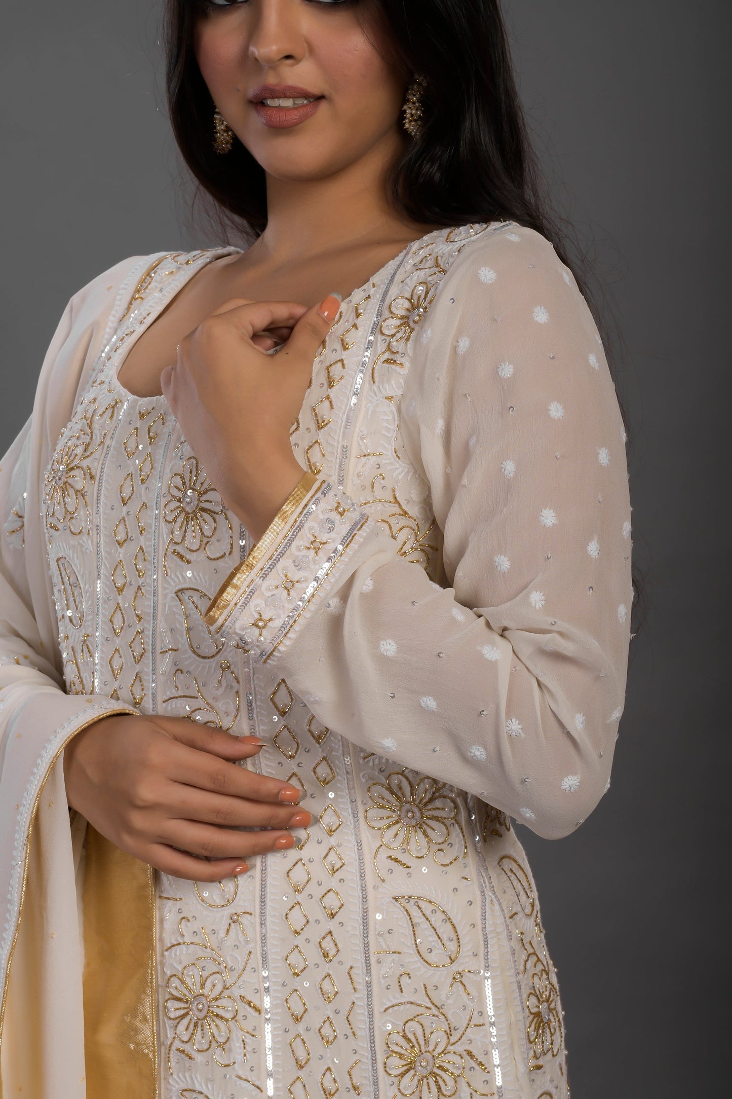 Cream Anarkali with Gold Sequins with Bead Work and Nakshi