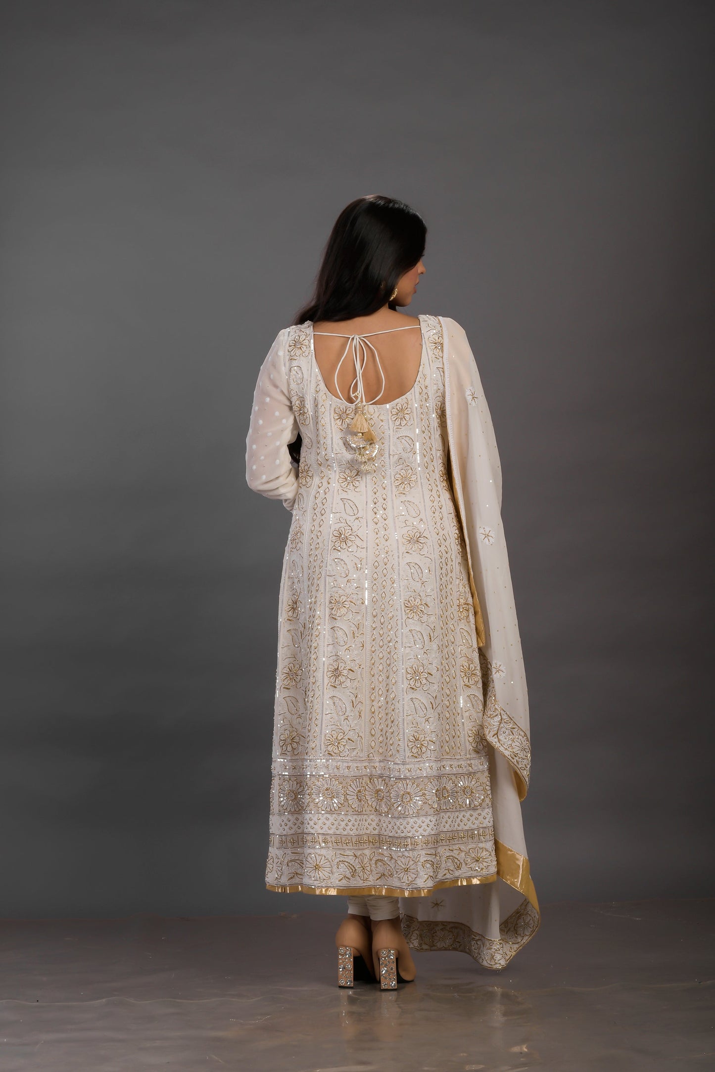 Cream Anarkali with Gold Sequins with Bead Work and Nakshi
