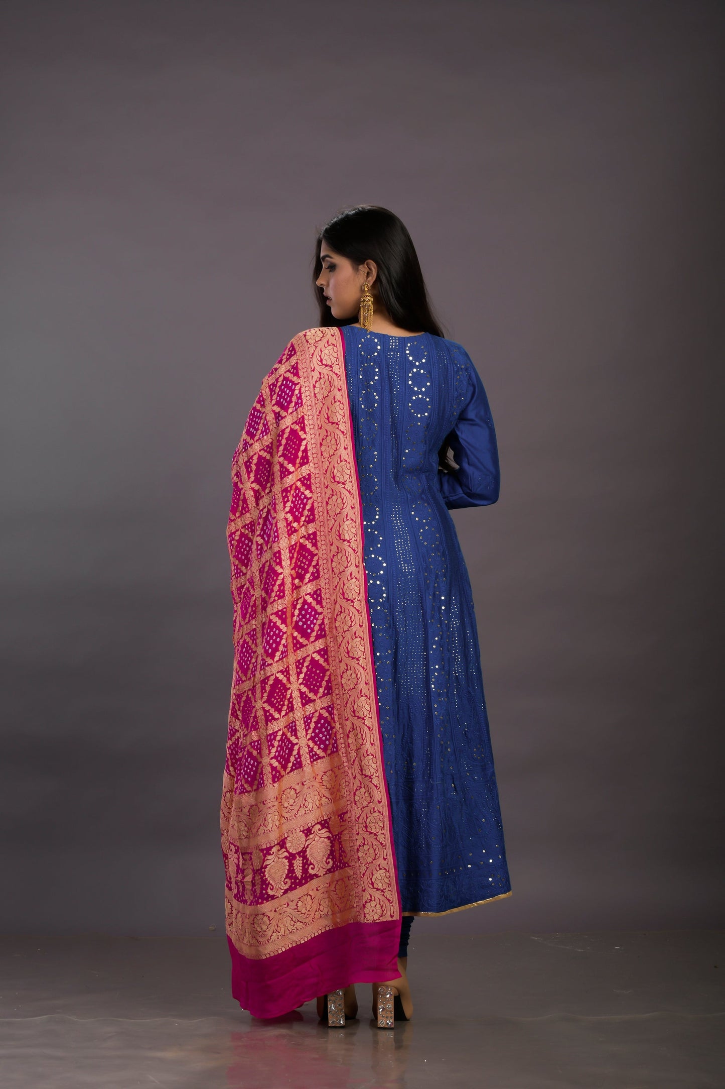 Deep Blue Chanderi Silk Anarkali With Chikankari Work