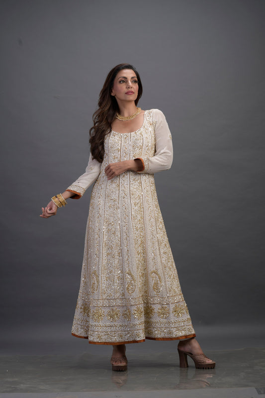 White Color Thread Embroidery Georgette Anarkali