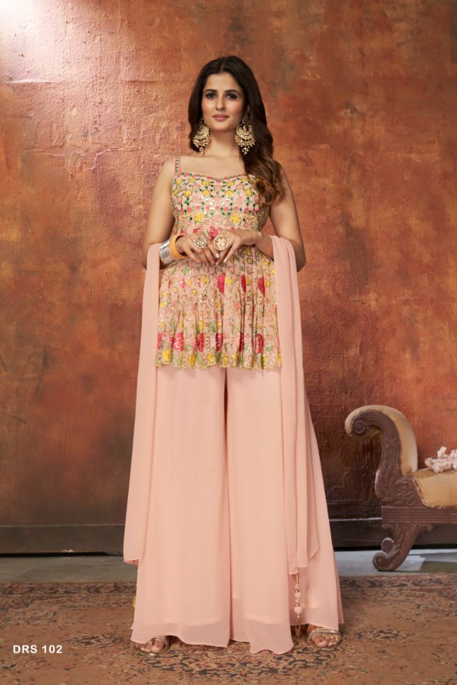 Designer Light Pink Multi Color Thread Embroidery Dress