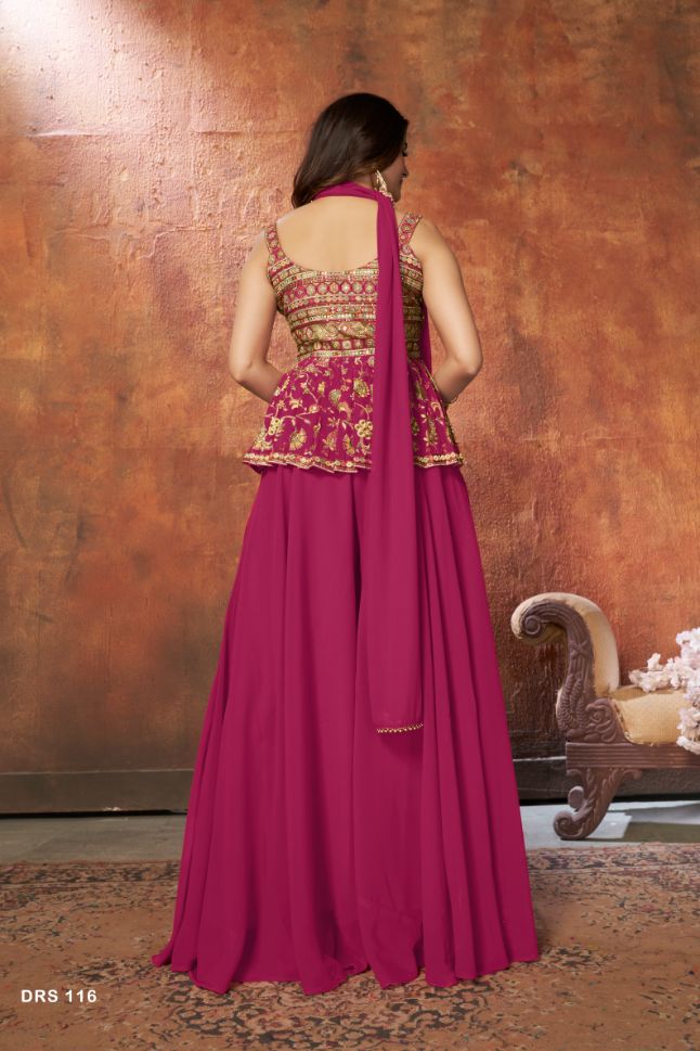 Designer Dark Pink Dress With Golden Thread Embroidery