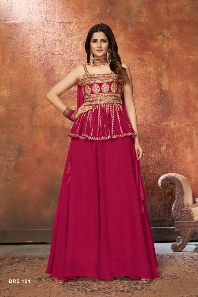 Designer Dark Pink Dress With Golden Thread Embroidery