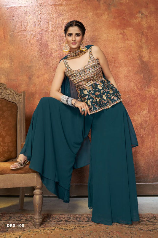 Dark Blue Georgette Embroidered Palazzo Suit