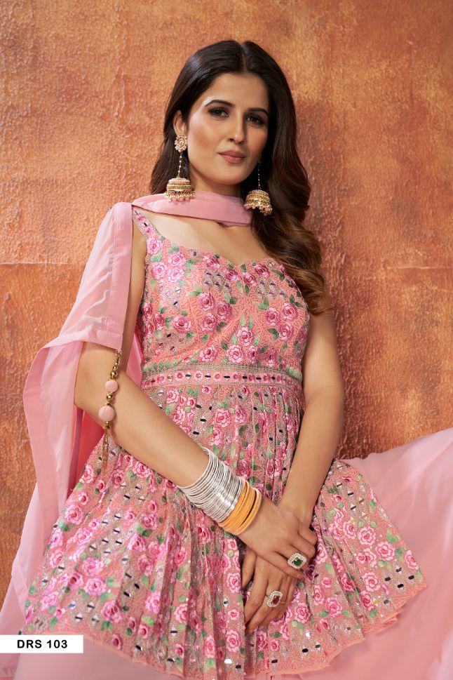 Designer Light Pink Dress With Floral Embroidery