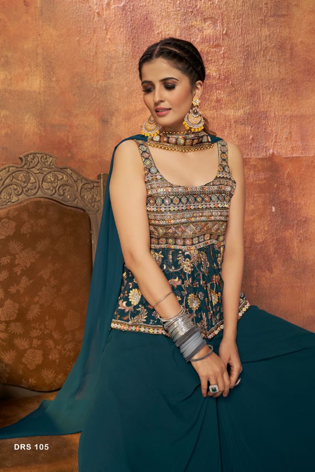 Dark Blue Georgette Embroidered Palazzo Suit