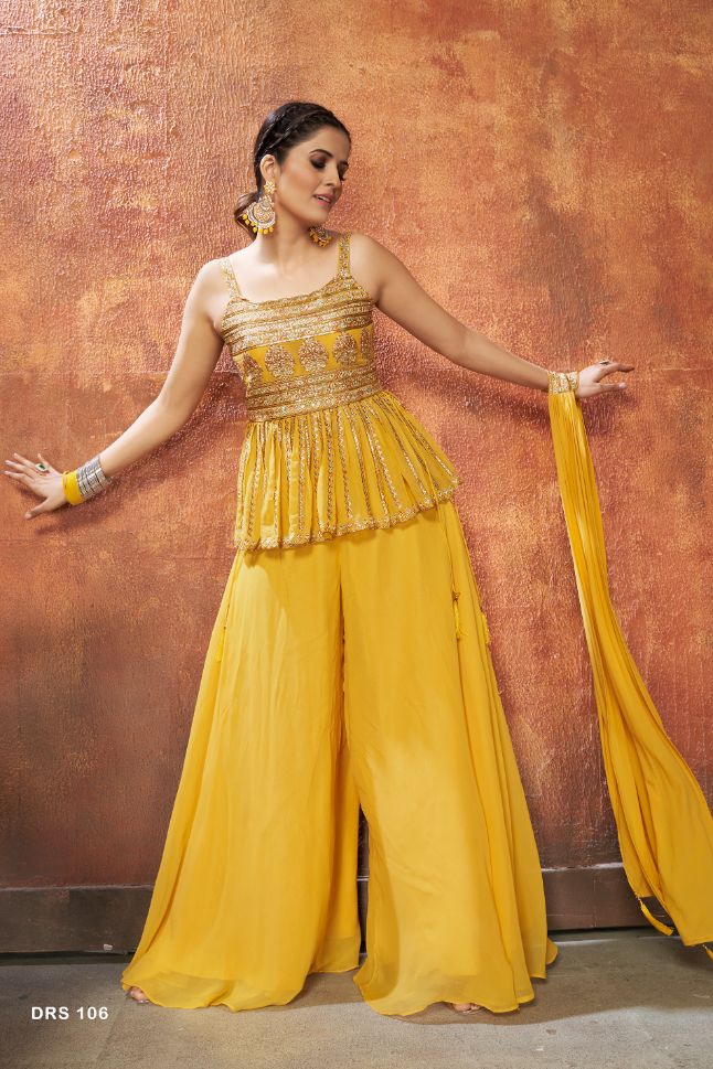 Yellow Color Georgette Embroidered Palazzo Suit