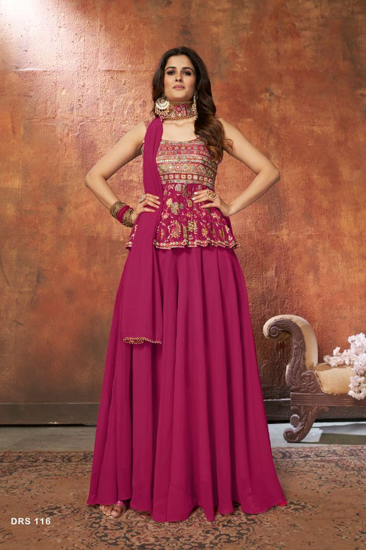 Dark Pink Embroidered Chinnon Silk Peplum Style Suit