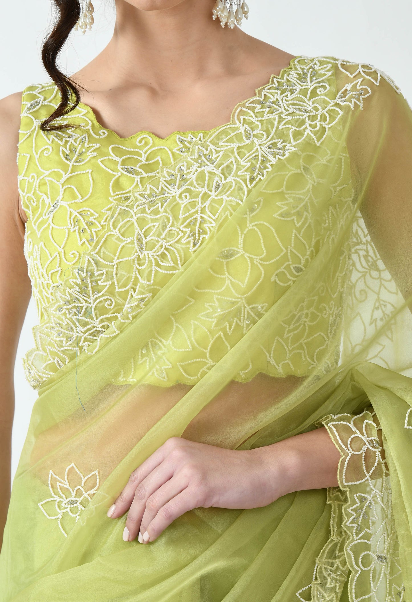 Lime Hand embroidered Organza Special Designer Saree for Bridesmaid