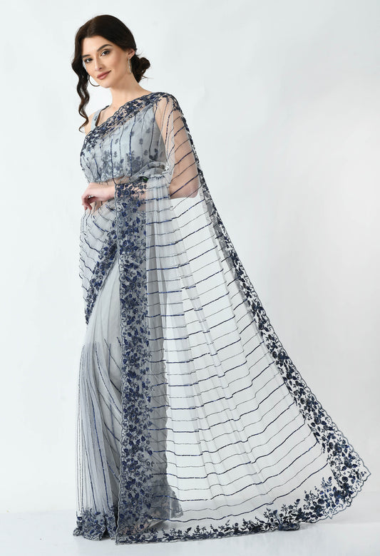 Pearl Hand embroidered Net Special Designer Saree for Wedding