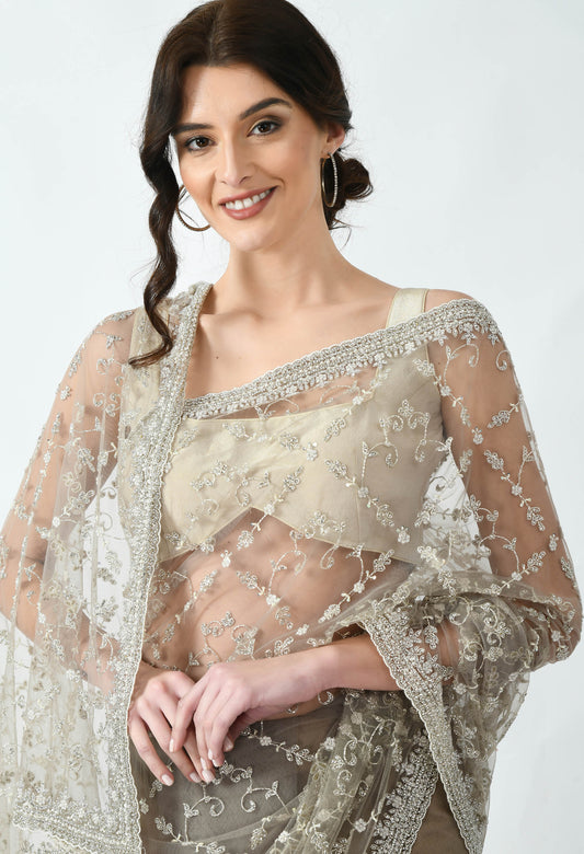 Cream Hand embroidered Net Special Designer Saree for Wedding