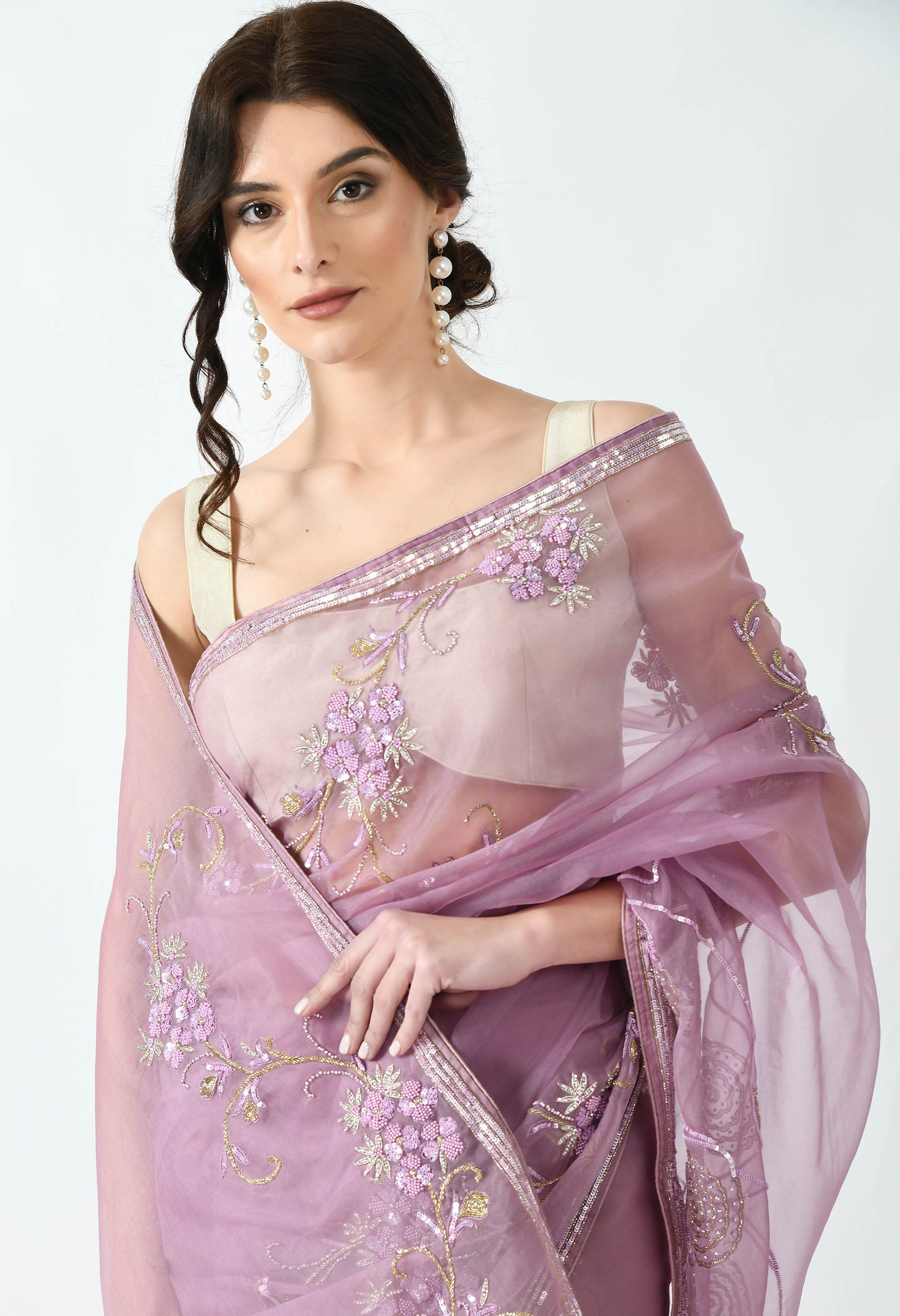 Purple Hand embroidered Organza Designer Saree for Bridesmaid