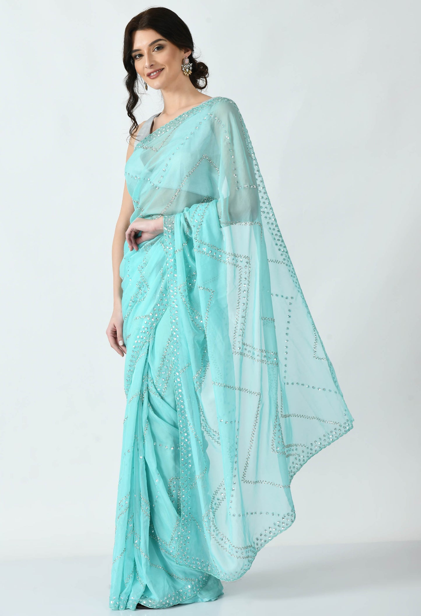 Sky Blue Hand embroidered Organza Special Designer Saree for Engagement