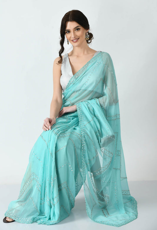 Sky Blue Hand embroidered Organza Special Designer Saree for Engagement
