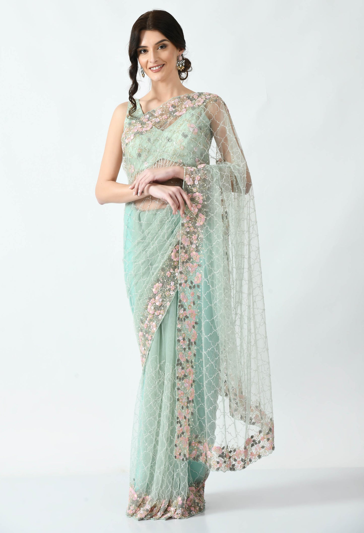 Mint Hand embroidered Net Special Designer Saree for Bridesmaid