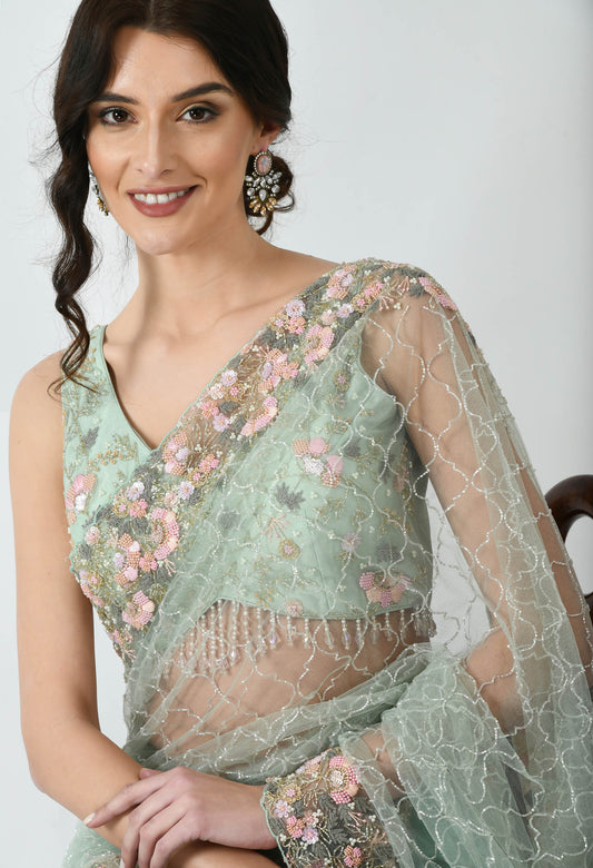 Mint Hand embroidered Net Special Designer Saree for Bridesmaid
