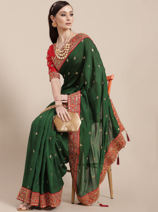 Dark Green Silk Partywear Sequins Work Saree for Mehendi