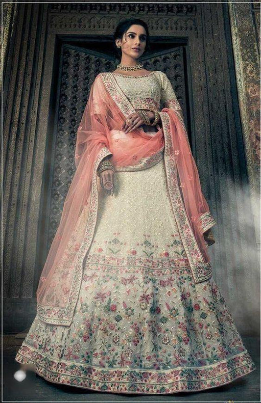    Off White Georgette Embroidered Heavy Lehenga Choli-Women-Glamou  al