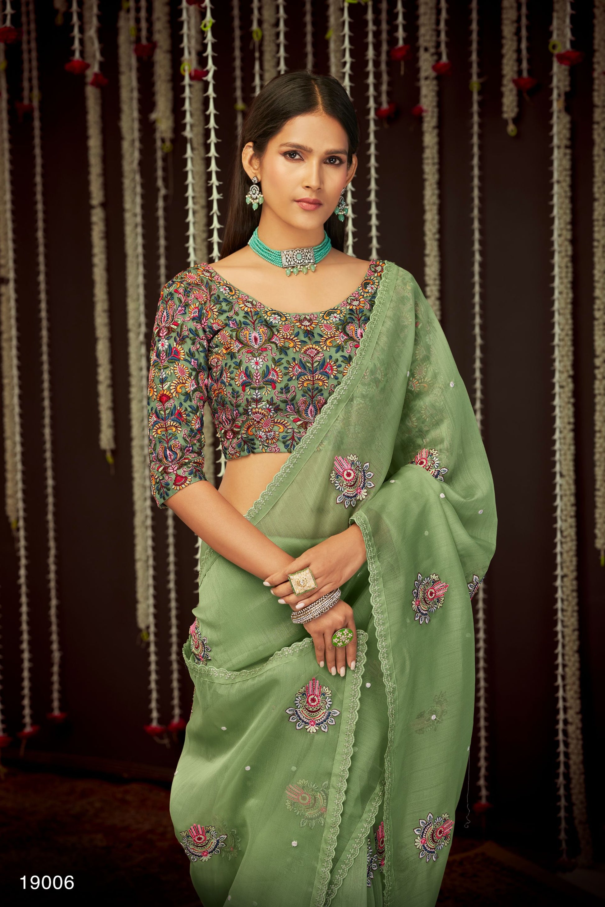 Green Color Sequins Embroidery Organza Saree for Mehendi