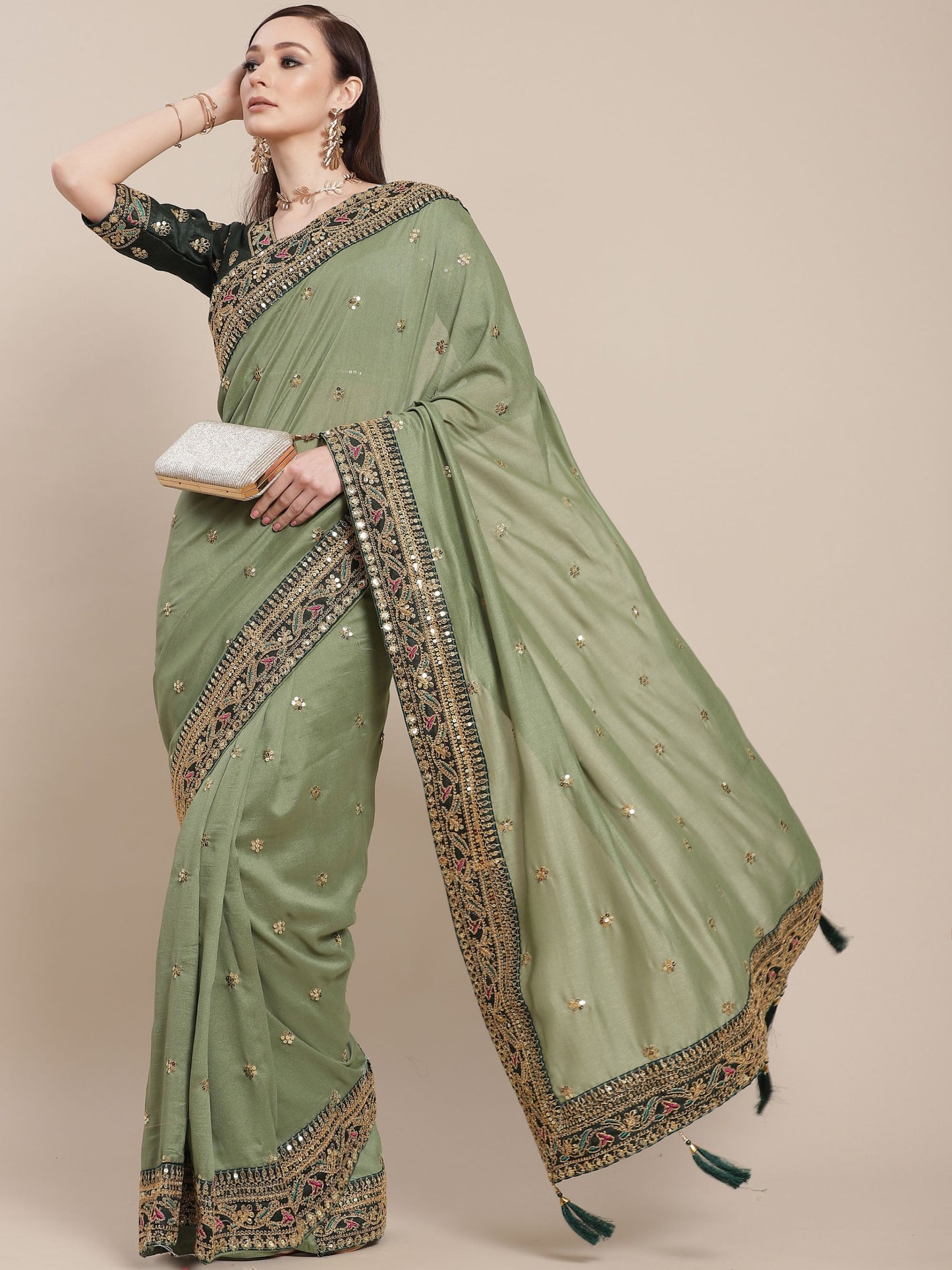 Green Silk Partywear Sequins Work Saree for Mehendi