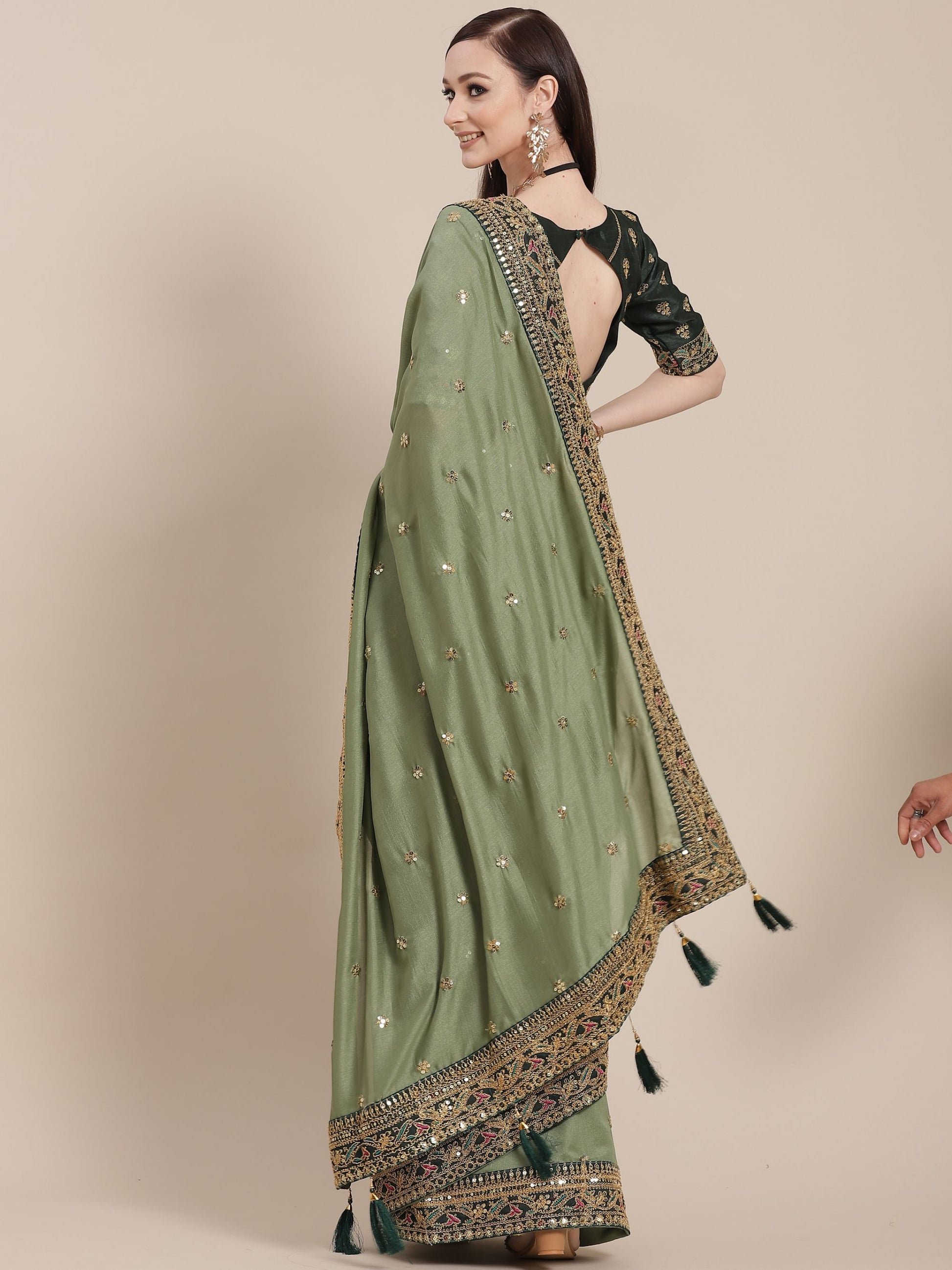Green Silk Partywear Sequins Work Saree for Mehendi