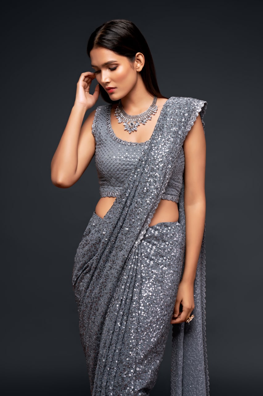 Grey Color Sequined Georgette Party Wear Saree