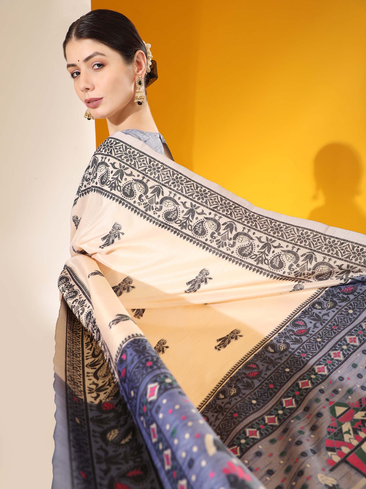 Cream Kalamkari Woven Handloom Raw Silk Saree with Blue Blouse