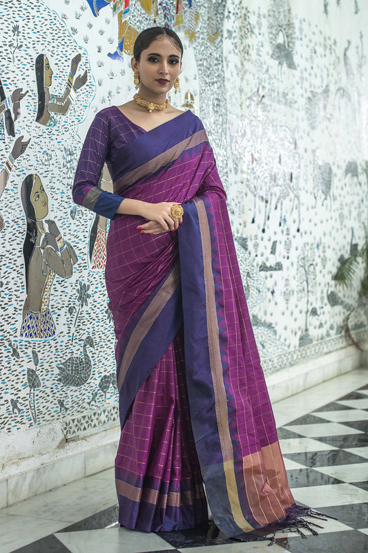 Wine Zari Woven Raw Silk Saree with Purple Blouse