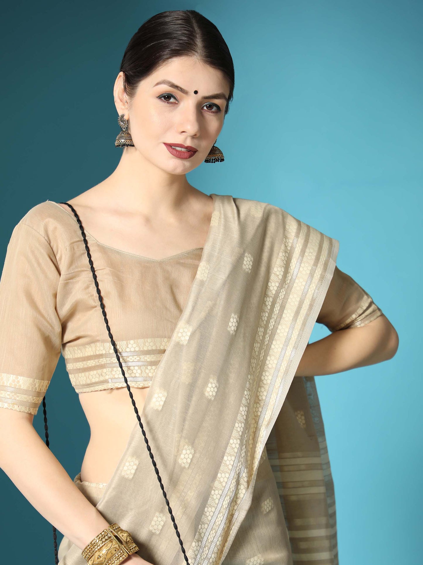 Beige Chikankari Woven Lucknowi Cotton Saree