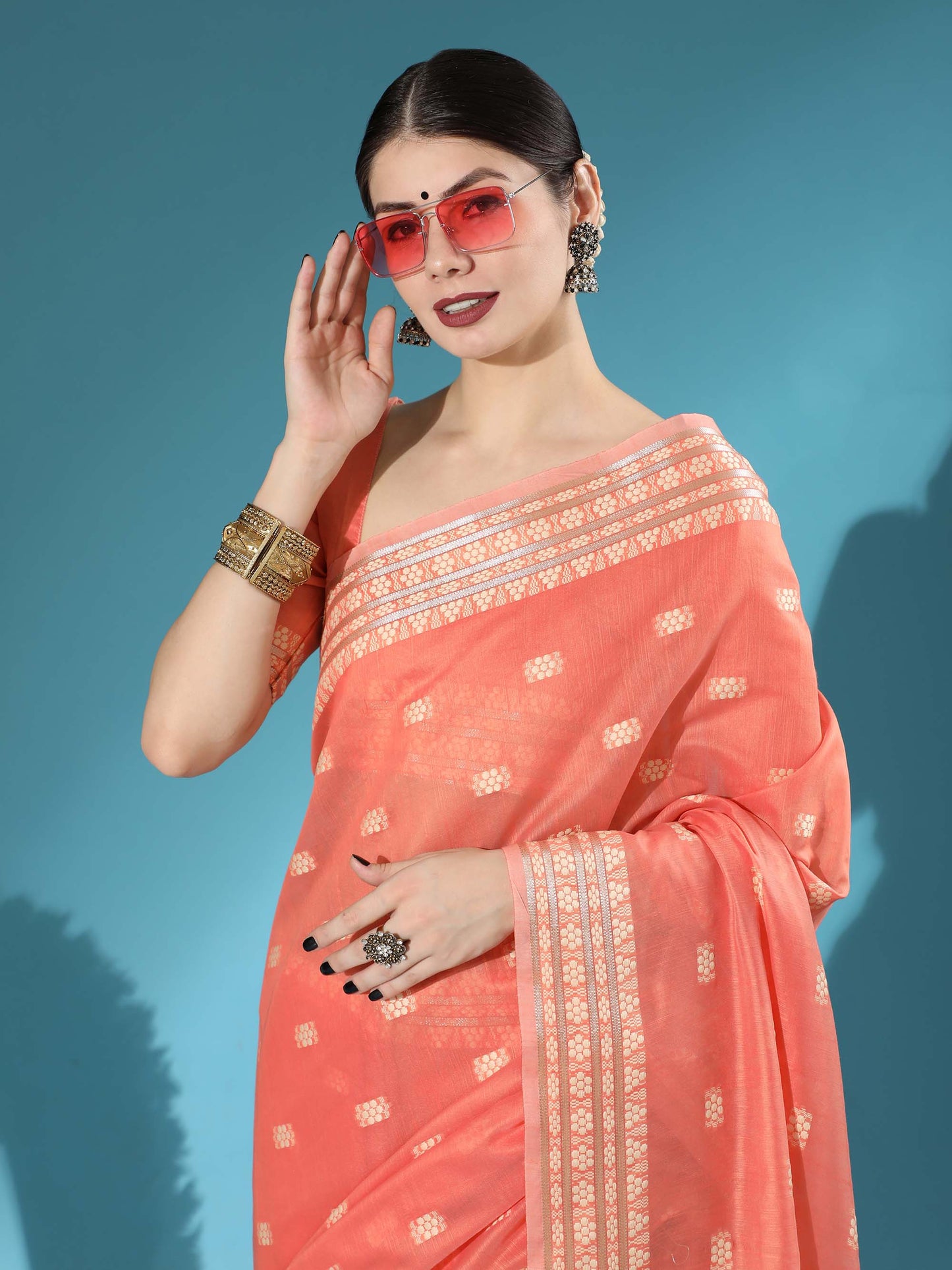 Orange Chikankari Woven Lucknowi Cotton Saree