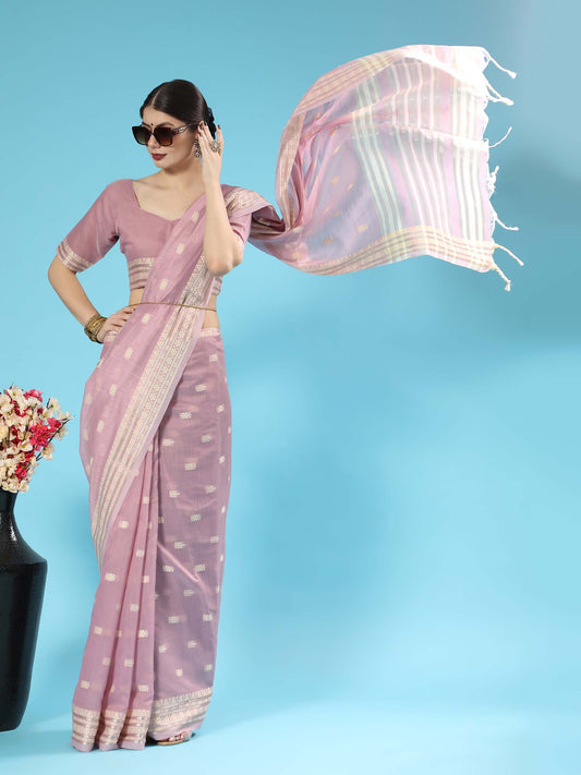 Purple Chikankari Woven Lucknowi Cotton Saree