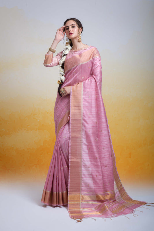 Butti Baby Pink Zari Woven Cotton Silk Saree