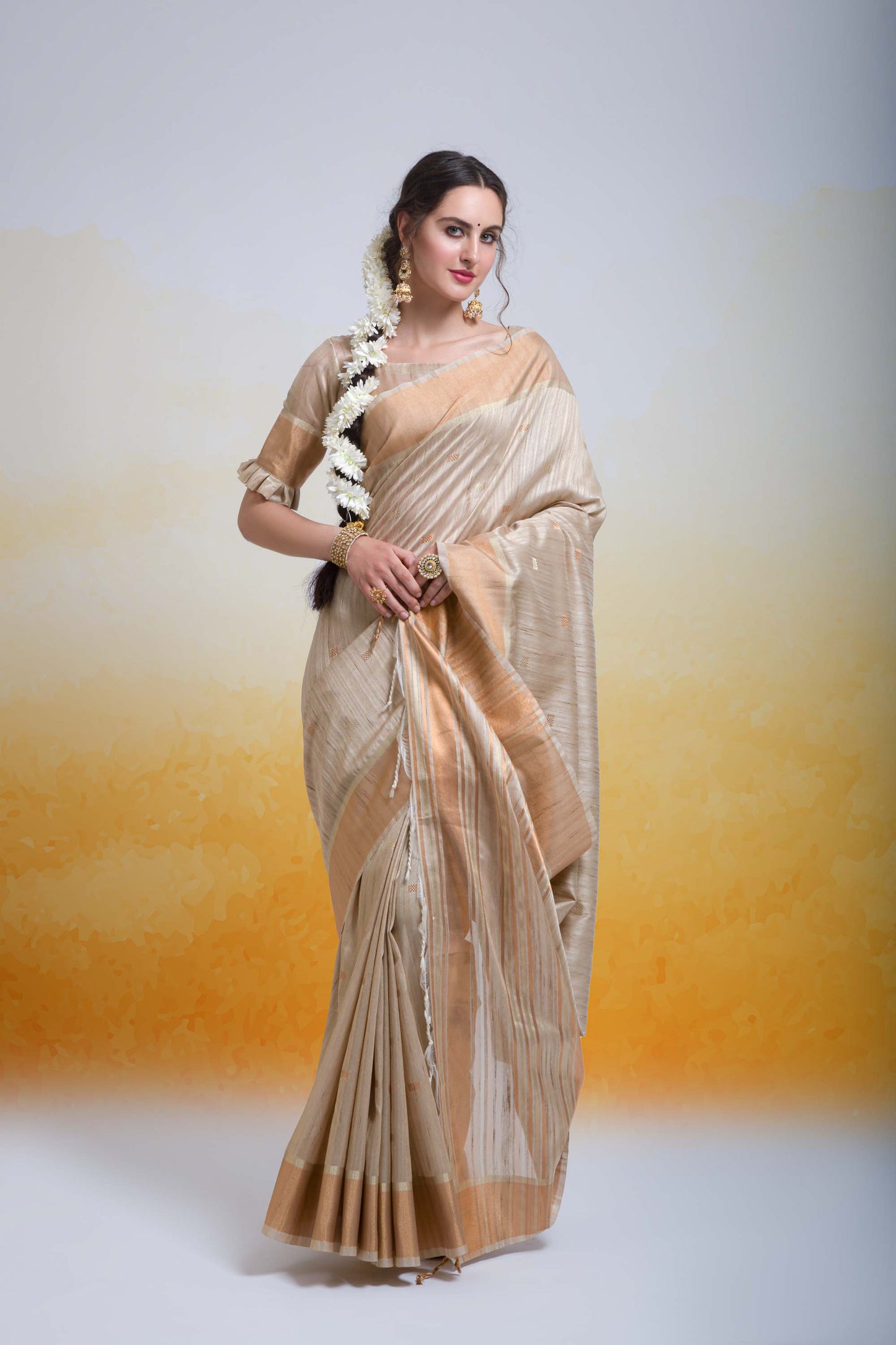 Butti Beige Zari Woven Cotton Silk Saree