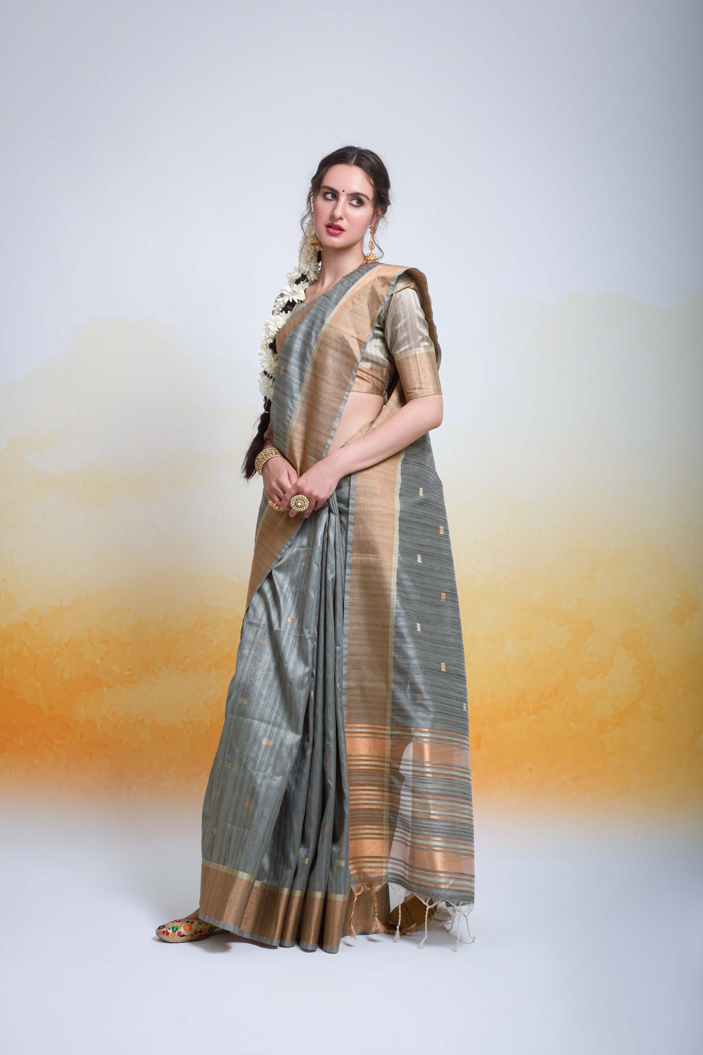 Butti Grey Zari Woven Cotton Silk Saree