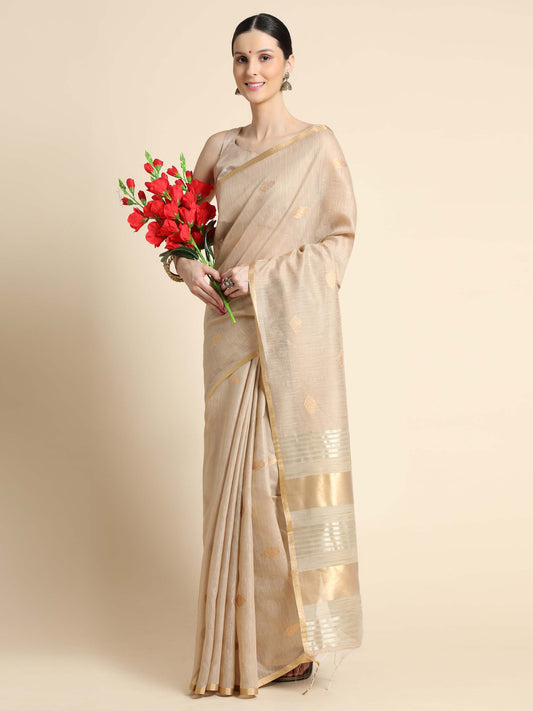 Beige Zari Woven Kanchi Cotton Saree