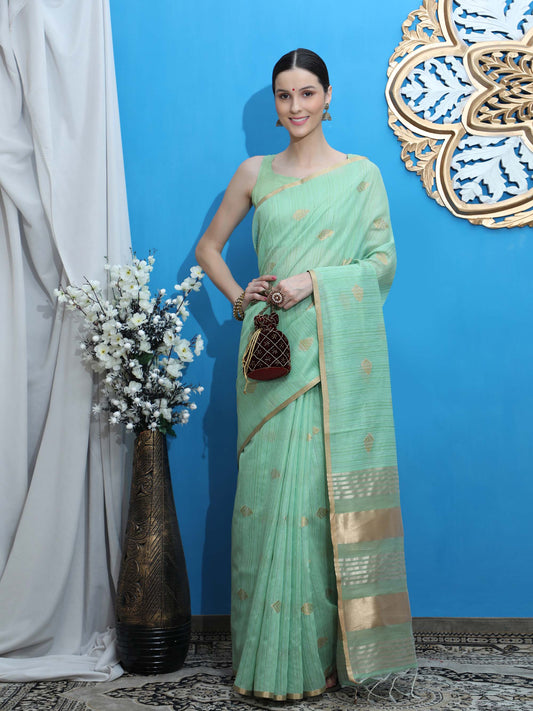 Sea Green Zari Woven Kanchi Cotton Saree