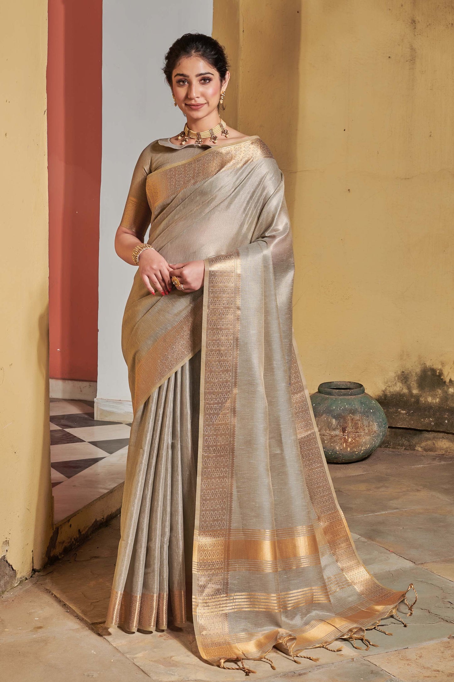Mushroom Grey Zari Woven Tissue Linen Saree