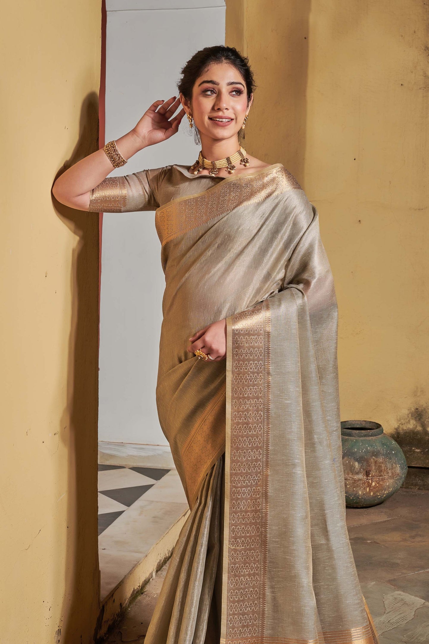 Mushroom Grey Zari Woven Tissue Linen Saree